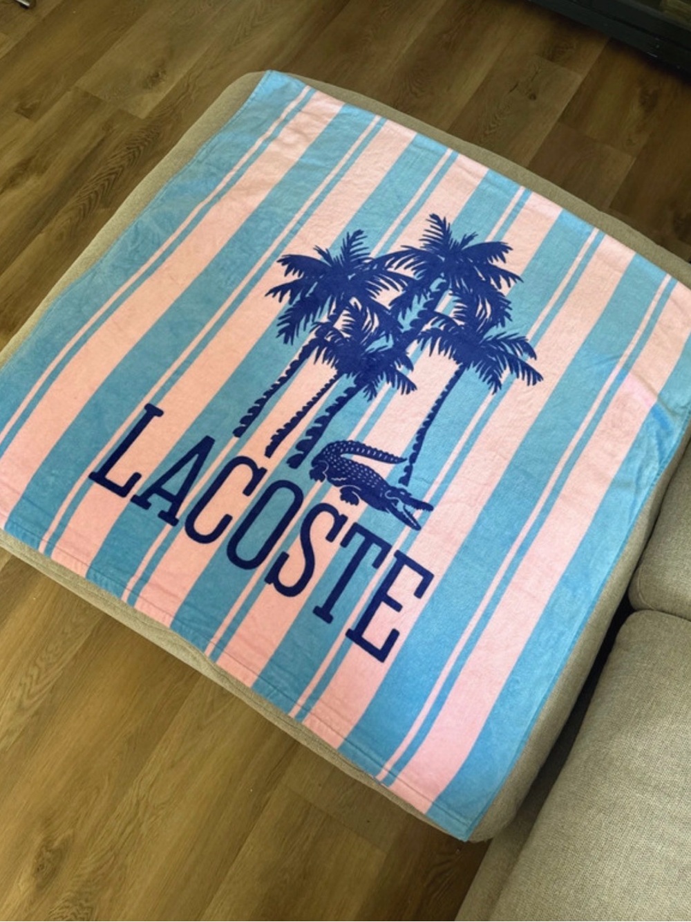 Lacoste Pink and Light Blue Striped Beach Towel with Navy Palm Tree Logo
